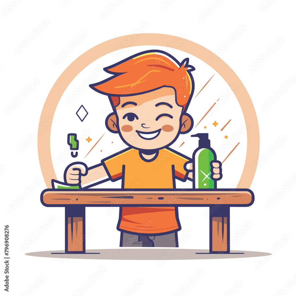 Cute young boy doing cleaning flat vector illustration Cute young boy doing cleaning flat vector illustration