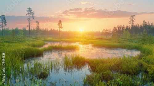  The sun sets over a marsh, tall grasses border it, and beyond lies a forest of towering trees © Jevjenijs