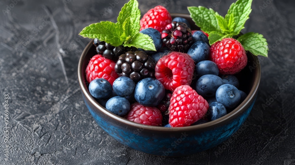 raspberries, blueberries, and blackberries, garnished with fresh mint leaves raspberries, blueberries, and blackberries, garnished with fresh mint leaves