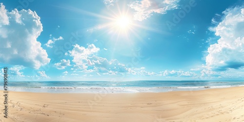 Sunny summer background with a blue sky, white clouds and golden sand on the beach The sun shines brightly in front of you, creating an atmosphere of relaxation and vacation Generative AI