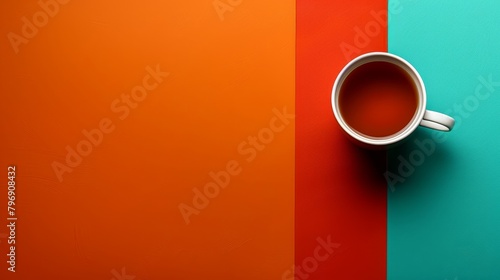  A cup of coffee atop a table near a multicolored wall One cup present