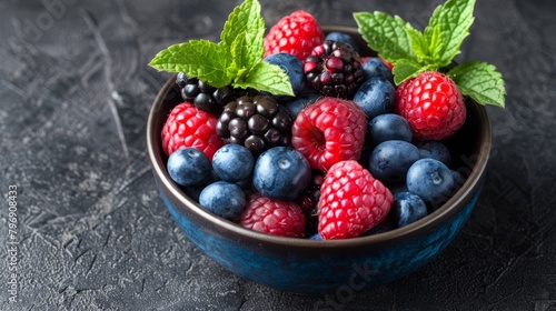  raspberries  blueberries  and blackberries  garnished with fresh mint leaves