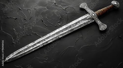   A sword with a black surface, featuring a wooden handle and a wooden sheath encasing the middle section, is not a knife but rather a type of sword photo