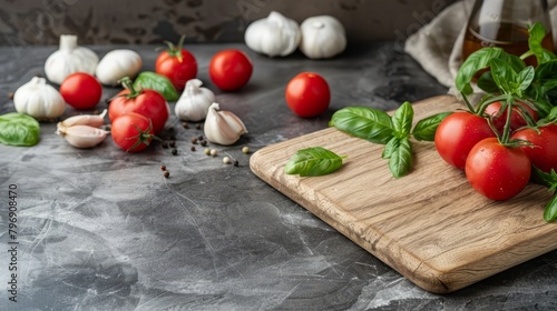  A cutting board bearing tomatoes and garlic, nearby garlic cloves