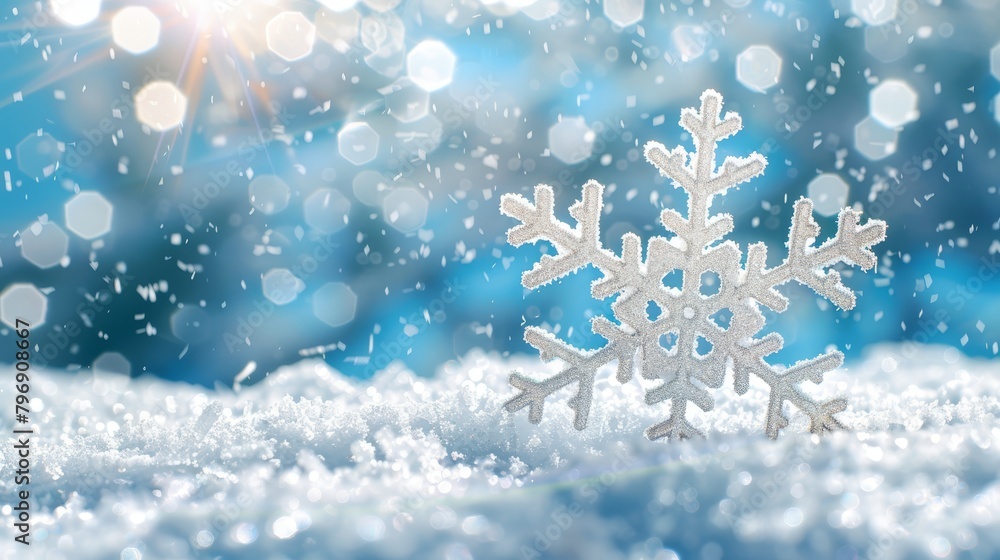 A snowflake atop a snow mound beneath a blue sky, amidst falling snowflakes A snowflake atop a snow mound beneath a blue sky, amidst falling snowflakes