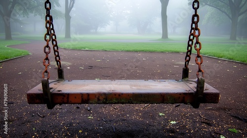  A swing situated in a park's heart on a foggy day, surrounded by trees