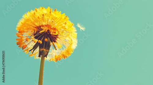   A dandelion floats in the wind against a backdrop of a blue sky