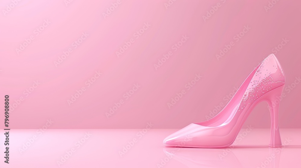 A pink high heel atop a pink floor, facing a pink-and-white wall A pink high heel atop a pink floor, facing a pink-and-white wall