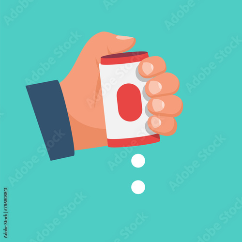 Hand with box sweetener tablets. Artificial sugar. Pills stevia fall into the drink. Vector illustration flat design. Isolated on background.