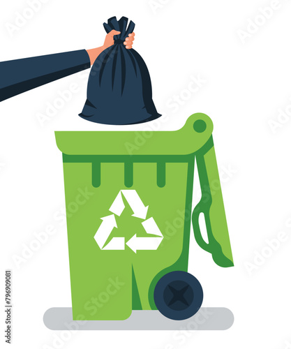 Man throwing trash bags in container. Vector illustration flat design. Isolated on white background. Trash can with recycle icon. Eco mark.