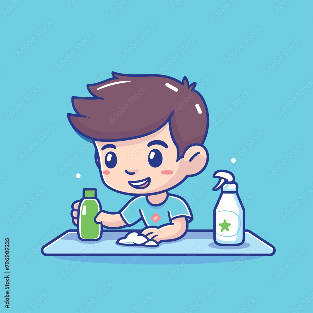 Cute young boy doing cleaning flat vector illustration