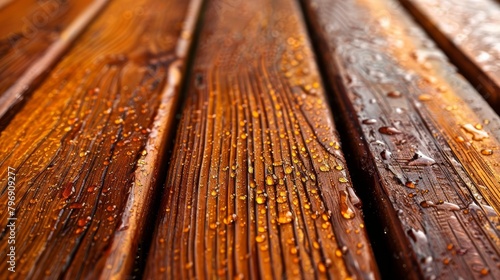  A tight shot of a weathered wooden bench, adorned with droplets of water beading on its planks