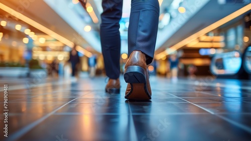  A tight shot of a dressed foot with suit shoe on a tiled airport floor