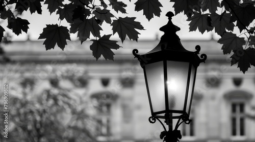  A monochrome image of a streetlight before a building and tree in the foreground