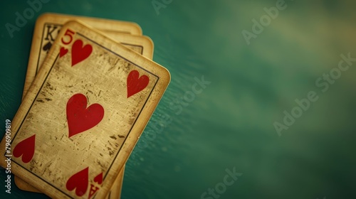   A pair of playing cards atop a green table Nearby, a green wall bears a solitary red heart photo