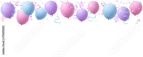 Happy birthday, holiday festival banner with pink, blue, purple pastel balloons and confetti