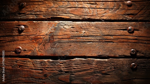   A tight shot of wood displaying rivets and screws along its edge photo