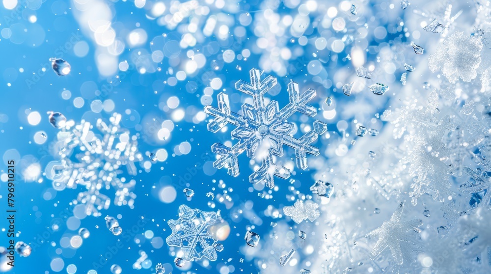 A tight shot of a solitary snowflake against a backdrop of blue and white Foreground features snowflakes A tight shot of a solitary snowflake against a backdrop of blue and white Foreground features snowflakes