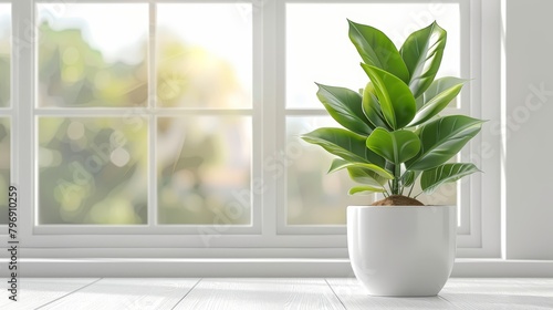   A potted plant on a table by the window  overlooking the house s exterior view