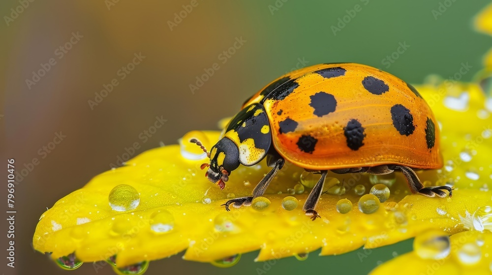 A tight shot of a ladybug atop a sunny yellow flower, adorned with water beads on its petals A tight shot of a ladybug atop a sunny yellow flower, adorned with water beads on its petals