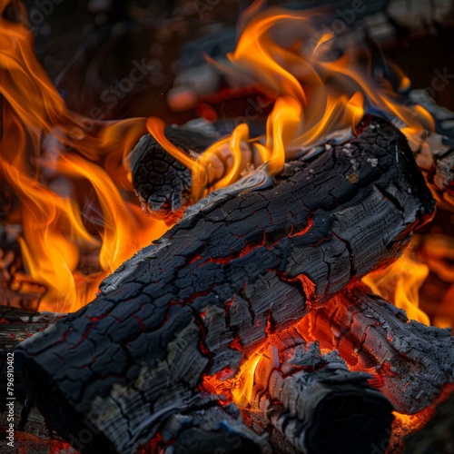 A close up of a fire with logs and wood burning. Generative AI.