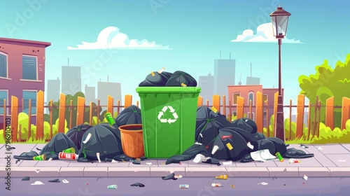 Full garbage bin and black plastic trash bags around. Overflowing recycling container with trash. Green recycle can. Street dump pollution, bin container pile, trashcan basket. Vector illustration photo