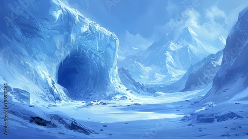   A snow-covered mountain painting featuring a cave in its midsection