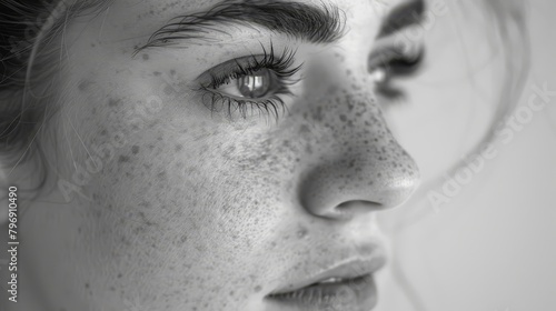  A black-and-white image of a woman's face with freckled skin and hazel eyes