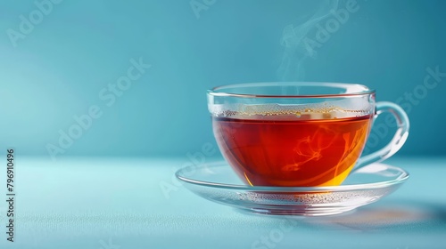  A steaming hot cup of tea on a saucer, with a spoon positioned nearby