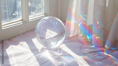   A glass ball atop a bed beside a sunlit window, sunlight filtering through window panes photo
