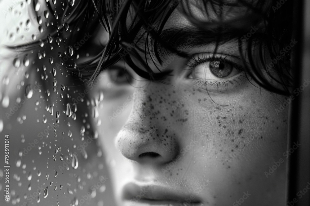 A close up of a young boy looking out the window with rain drops on his face. Generative AI.