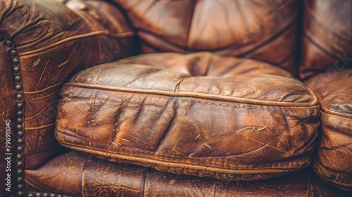   A tight shot of a brown leather chair with visible nail heads on its backrest photo