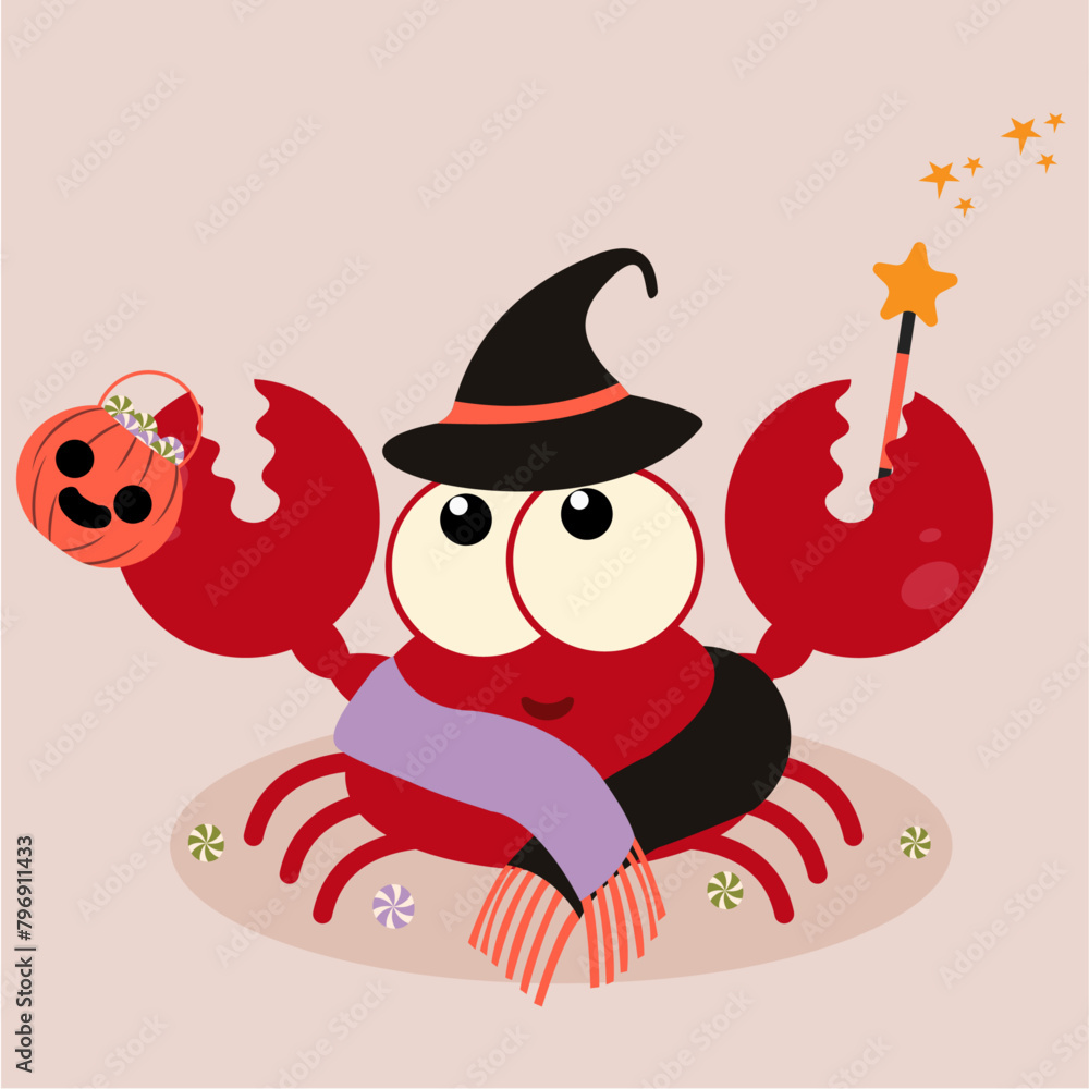 Fototapeta premium Flat Design Halloween Illustration with Crab wearing Hat, Scarf Holding Bag, Magic, Candy 