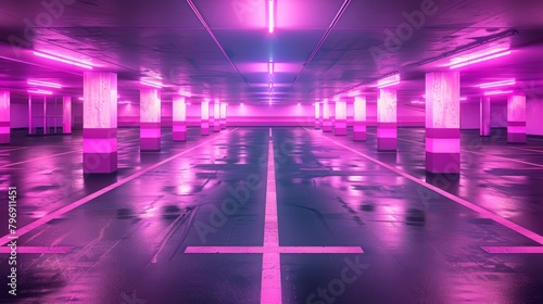  An empty parking garage features a cross painted on the mid-floor, colored purple