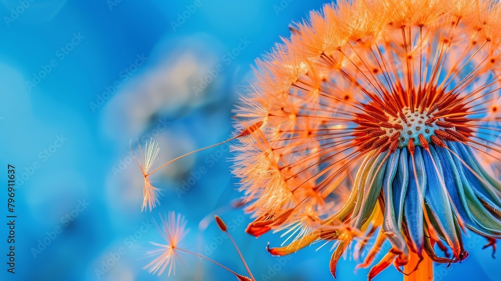   A dandelion in sharp focus against a backdrop of a blue sky, the image gently blurred for the dandelion