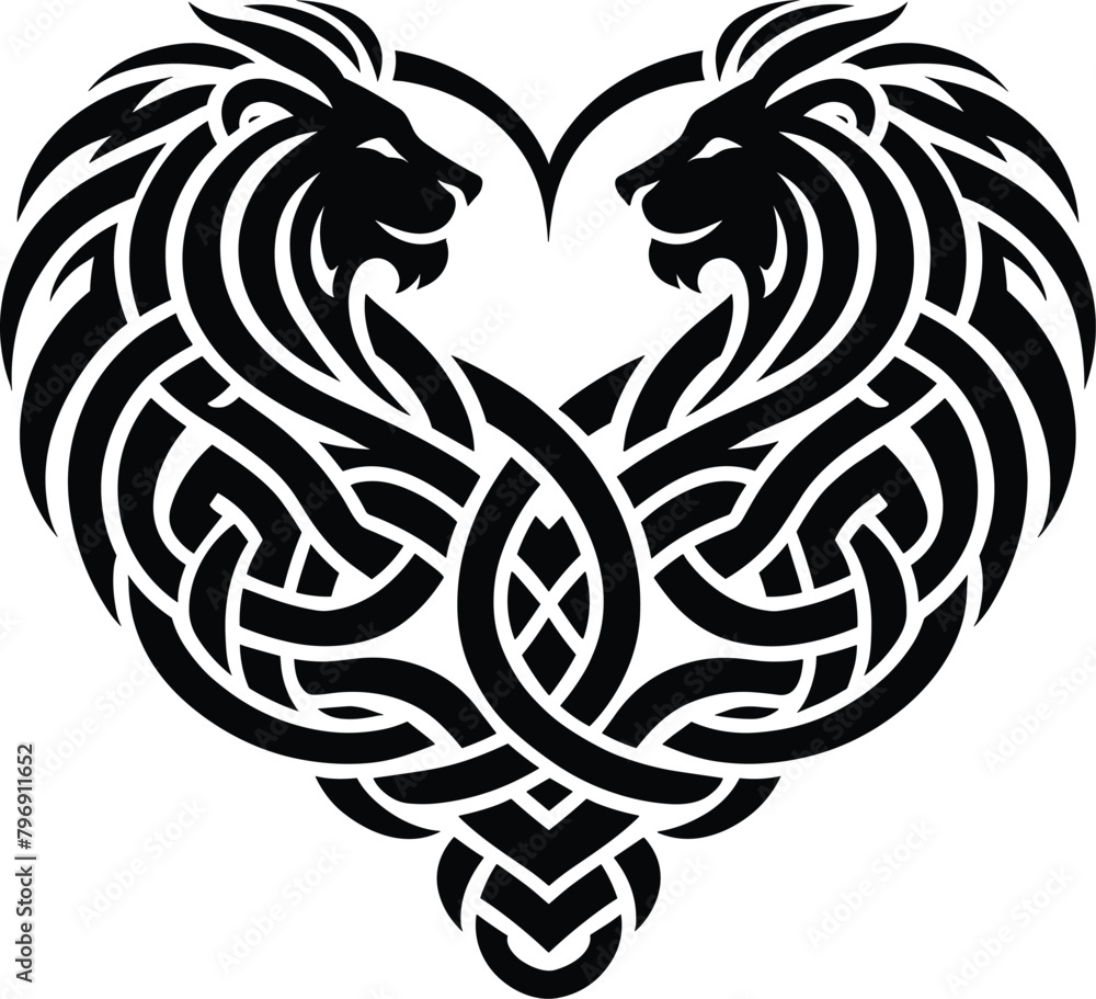 Fototapeta premium Celtic lion, heart shape celtic lion vector illustration.