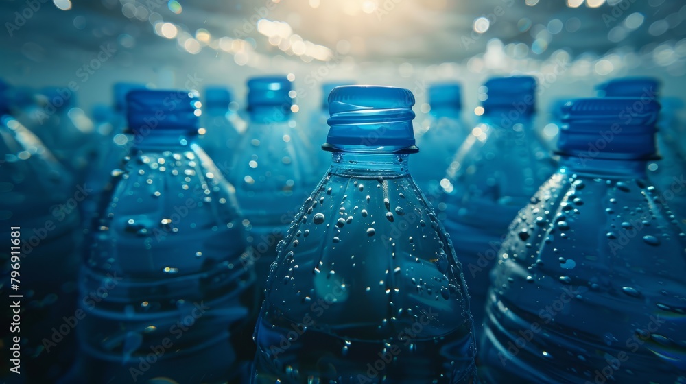 A collection of water bottles aligned on a blue water surface, adorned with water droplets atop A collection of water bottles aligned on a blue water surface, adorned with water droplets atop