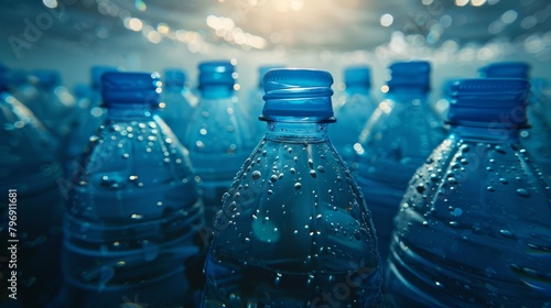   A collection of water bottles aligned on a blue water surface, adorned with water droplets atop photo