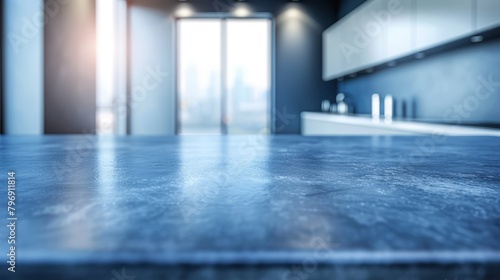  A blue kitchen countertop featuring a sink, before a large glass door