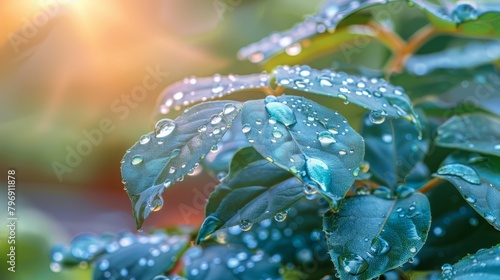  A tight shot of a verdant leafy plant, adorned with water droplets, and the sun casting long shadows behind photo