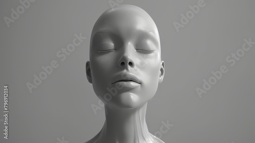   A white mannequin head with closed eyes is depicted against a gray background
