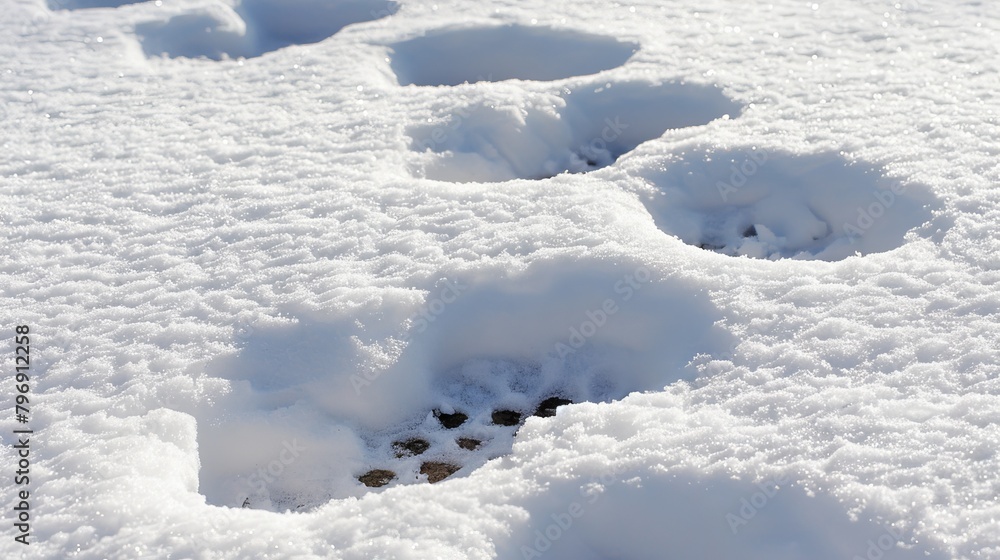   A snow-covered ground bears footprints in the midst, with a bird situated in the center, its own prints imprinted