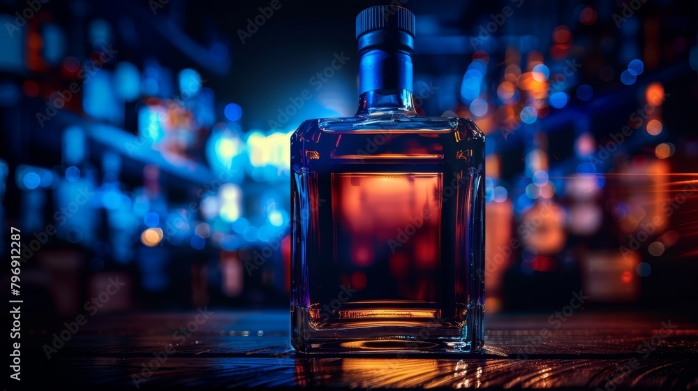 A clear bottle of liquor sits on a table, contrasting the blurry cityscape behind with twinkling lights in the background A clear bottle of liquor sits on a table, contrasting the blurry cityscape behind with twinkling lights in the background
