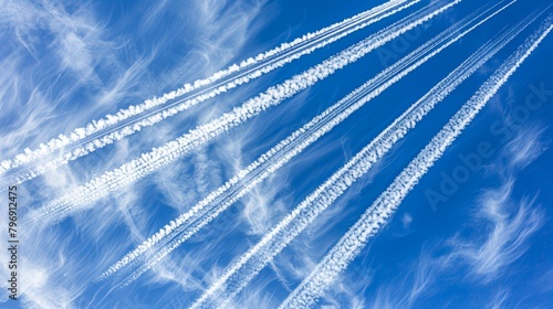  A formation of airplanes against a blue sky, emitting white trails from their exhausts