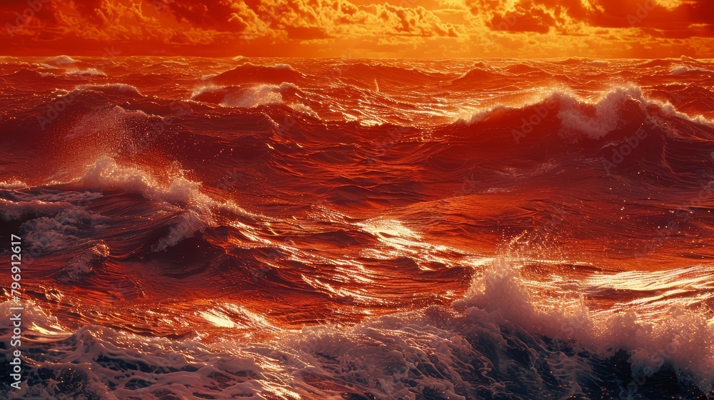   A vast expanse of water, dotted with incoming and receding waves, beneath a brilliant orange sky