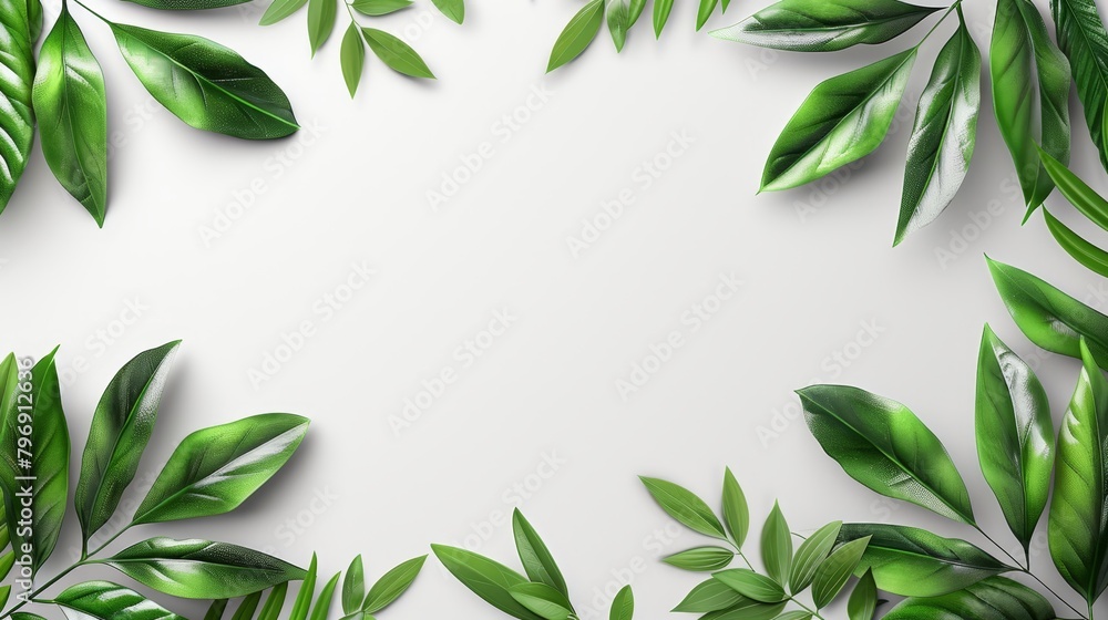   Green leaves against a white backdrop; space for text or image in center