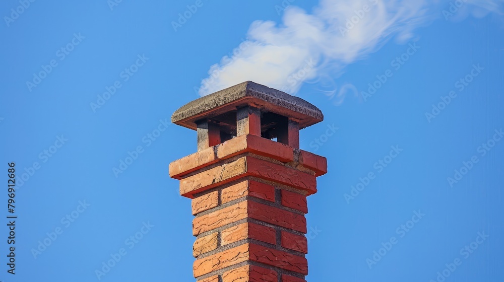   A brick chimney exhaling smoke at its peak against a backdrop of blue sky
