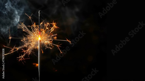 A magic explosion of sparks on a dark background. Sparkler glowing  burning  light. Celebrate a small firework in the night for fairy birthday  New Year and party.