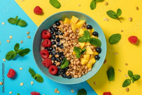Quick, vibrant breakfast with creamy coconut, mixed fruits, and colorful cereal flakes; a perfect choice for a health-conscious, fiber-rich meal to start your morning.