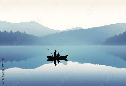 two people fishing in a boat on a lake with mountains in the background photo